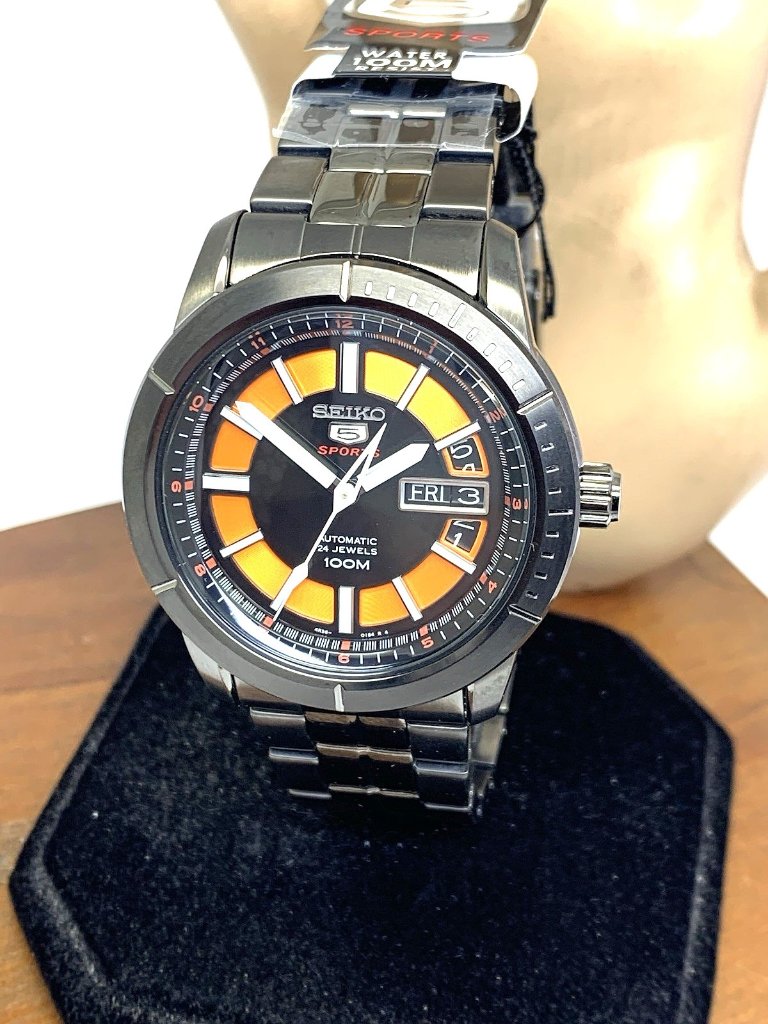Seiko 5 Mens Watch Srp345k1 Automatic Orange Black Day Date Stainless Steel 42mm
